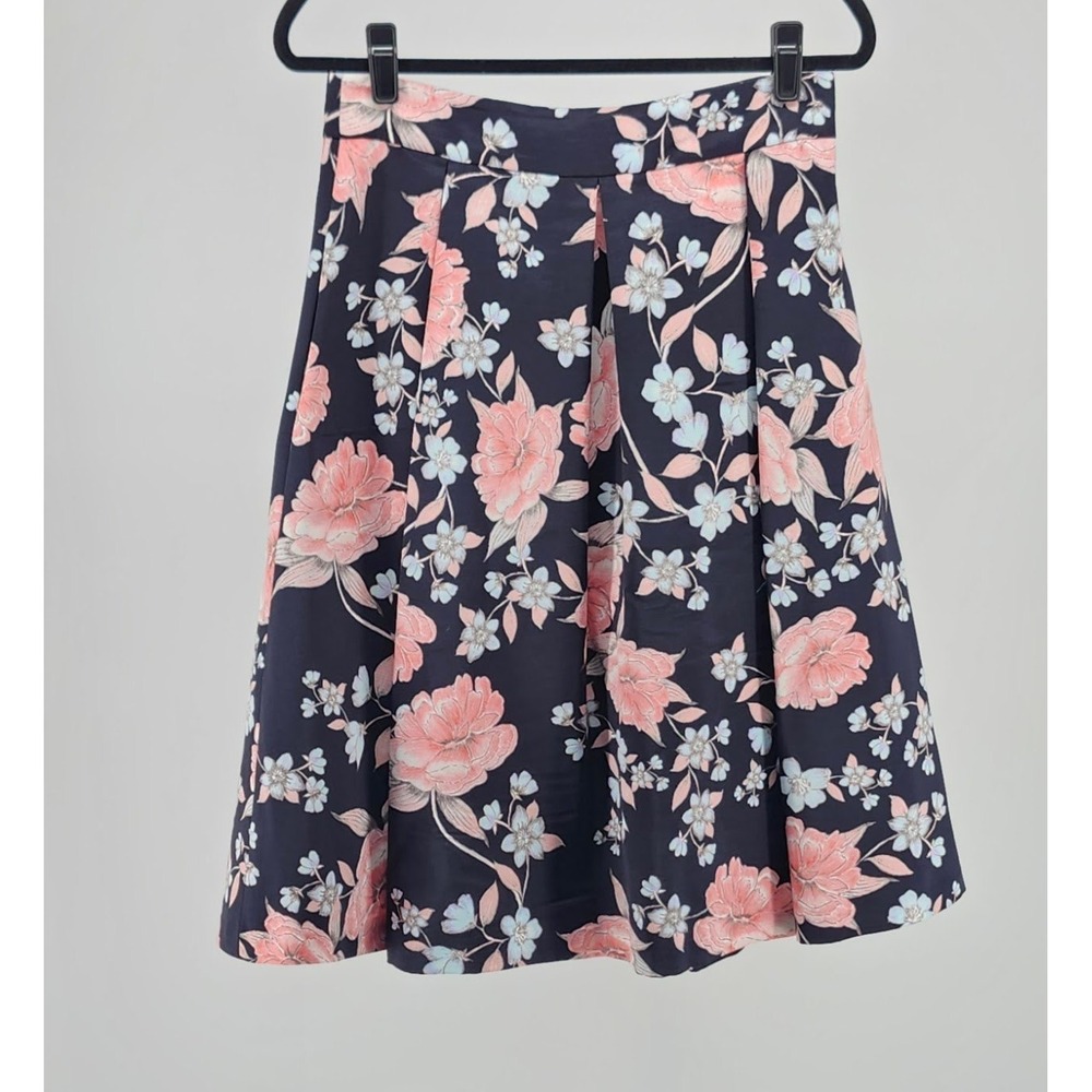 Eliza J Navy Pink Floral Pleated A-Line Midi Skirt Womens Size 10 with Pockets